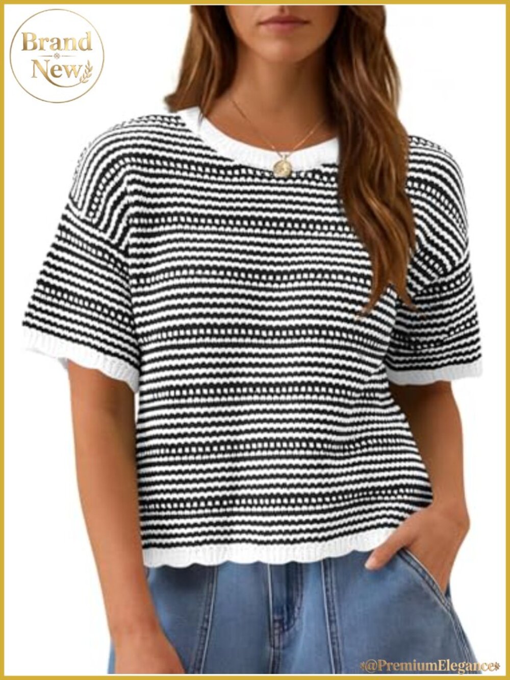 Women's Striped Cropped Knit Sweater Short Sleeve Crew Neck Casual Pullover Top